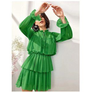 Tie Neck Ruffle Trim Layered Green Dress
